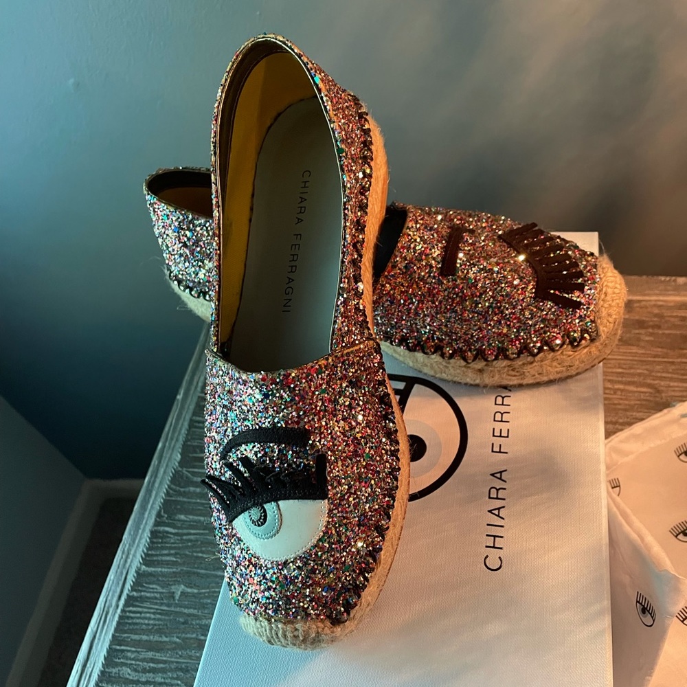 CHIARA FERRAGNI LASHES WINK GLITTER ESPADRILLES